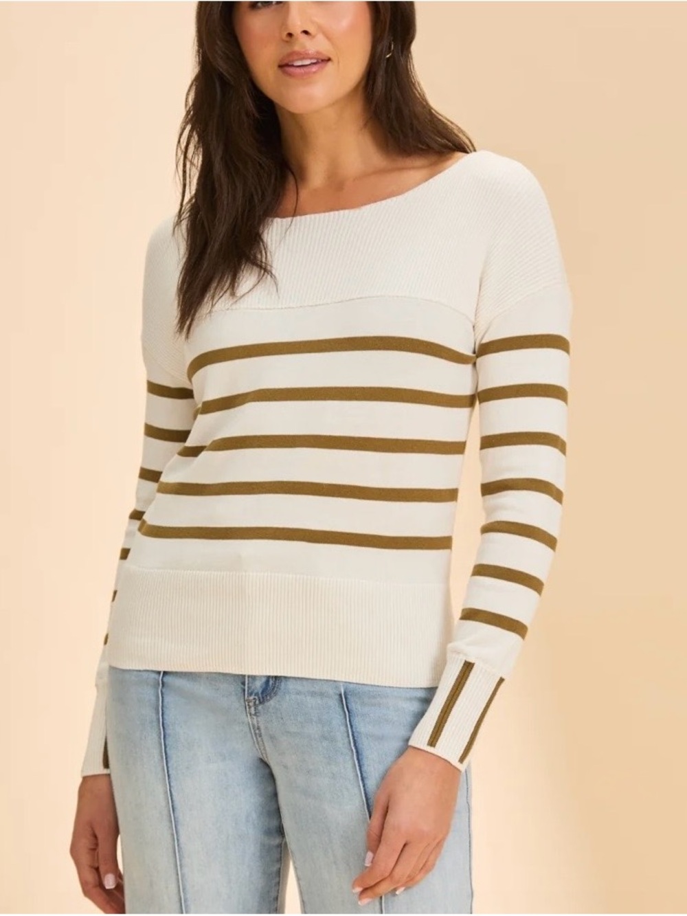 New FDJ Striped Boatneck Sweater in Cream and Olive